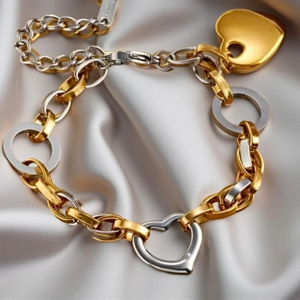 Two Tone Chain - Heart Charm Bracelets